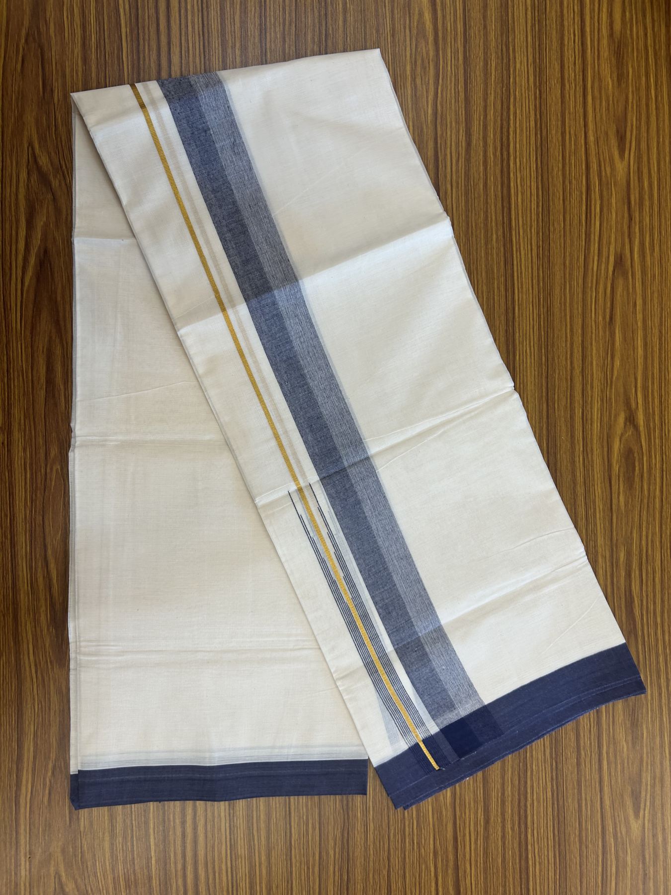 20% Discount ! Kaitharikada Balaramapuram 100% Pure Cotton Double Off white (Unbleached) Mundu/Dhoti - 100x80 - 1.75 inch Gold Kasav & Navy Blue Shaded Stripes Chutty Kara 3.90 mtr (8 muzham) - 37 KK5313 PMC