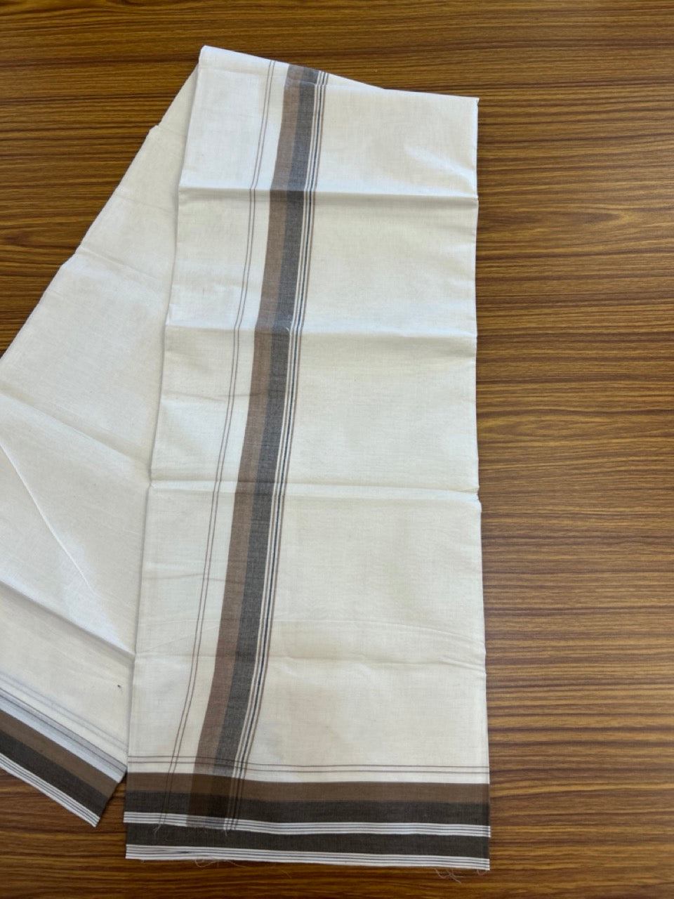 20% Discount ! KaithariKada Balaramapuram 100% Cotton Double OFF WHITE - (Unbleached) - Mundu / Dhoti- 100x80 -  1.5 inch Brown & Ash black shaded striped kara - 11 KK5280 VIN