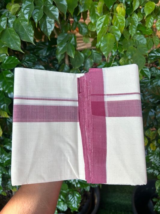 25% Discount! KaithariKada Handloom Millpaav Balaramapuram - Cotton Double Mundu/Dhoti Off white (Unbleached) - 80x90 - 1.25 inch Light Maroon Mulloth Kara 3.60 meter (8 Muzham) - 42 KK5256 RAM