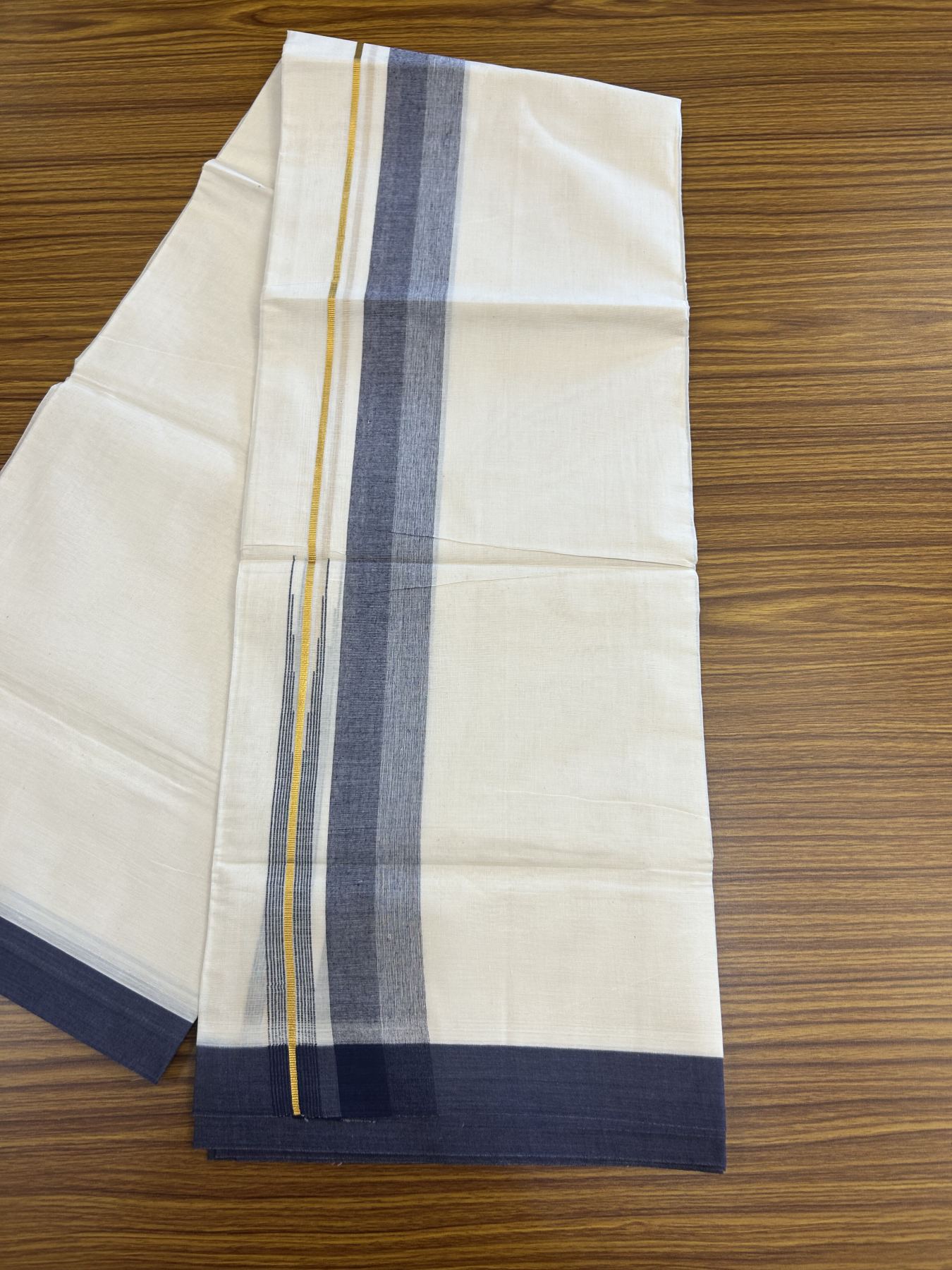 20% Discount ! Kaitharikada Balaramapuram 100% Pure Cotton Double Off white (Unbleached) Mundu/Dhoti - 100x80 - 1.75 inch Gold Kasav & Navy Blue Shaded Stripes Chutty Kara 3.90 mtr (8 muzham) - 37 KK5313 PMC
