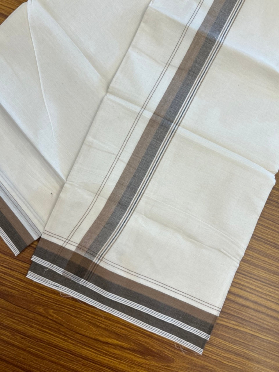 20% Discount ! KaithariKada Balaramapuram 100% Cotton Double OFF WHITE - (Unbleached) - Mundu / Dhoti- 100x80 -  1.5 inch Brown & Ash black shaded striped kara - 11 KK5280 VIN
