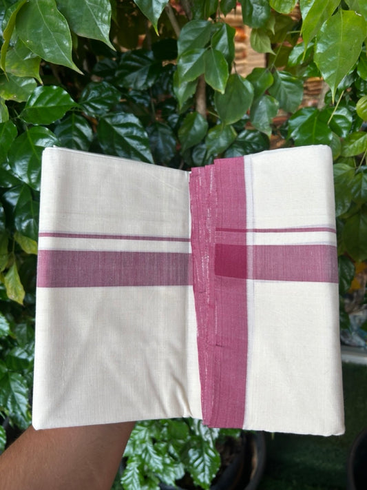 25% Discount! KaithariKada Handloom Millpaav Balaramapuram - Cotton Double Mundu/Dhoti Off white (Unbleached) - 80x90 - 1 inch Light Maroon Mulloth Kara 3.60 meter (8 Muzham) - 43 KK5256 RAM