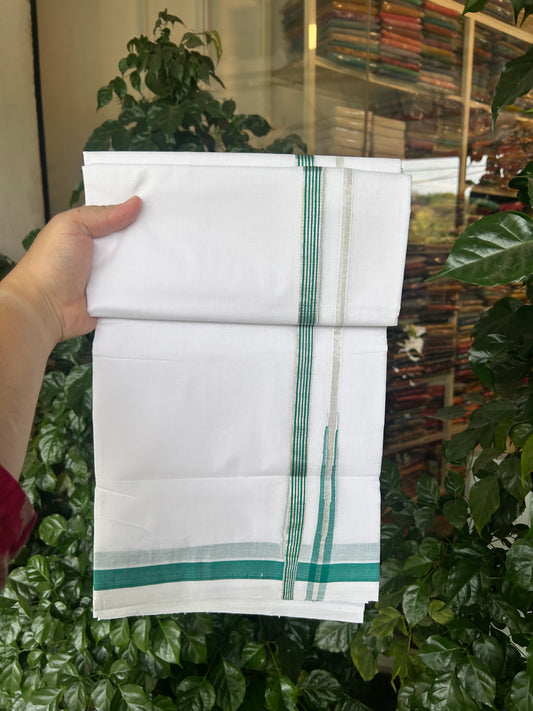 25% Discount ! KaithariKada Handloom Millpaav  - Kerala Handloom - 100% Pure Cotton Double Mundu/Dhoti Pure white - 80x90 - 1.5 cm Silver Kasav & Blue Green Stripes Puliyilakkara Chutty 3.80 mtr (8 Muzham) - 31 KK5369 YAR