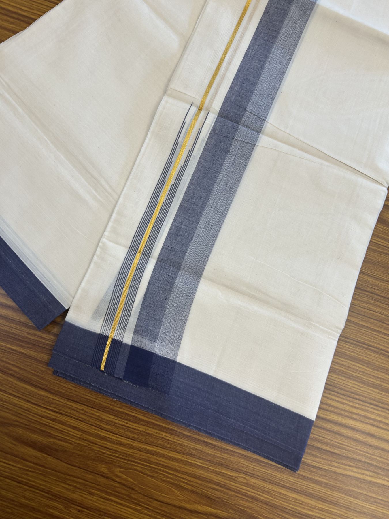 20% Discount ! Kaitharikada Balaramapuram 100% Pure Cotton Double Off white (Unbleached) Mundu/Dhoti - 100x80 - 1.75 inch Gold Kasav & Navy Blue Shaded Stripes Chutty Kara 3.90 mtr (8 muzham) - 37 KK5313 PMC