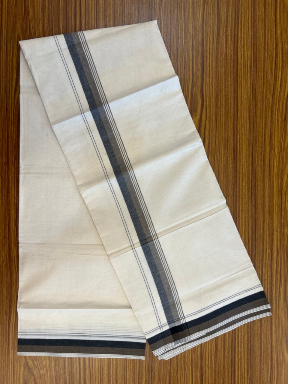20% Discount ! KaithariKada Balaramapuram 100% Cotton Double OFF WHITE - (Unbleached) - Mundu / Dhoti- 100x80 -  1.5 inch Black & Brown shaded striped kara - 10 KK5280 VIN