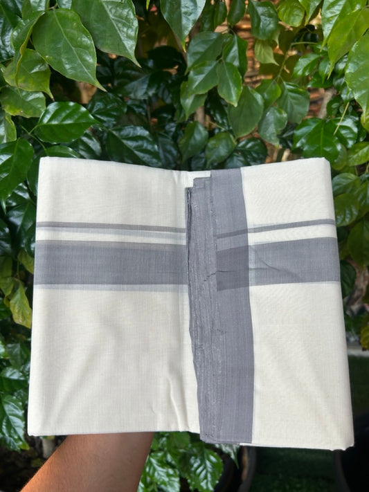 25% Discount! KaithariKada Handloom Millpaav Balaramapuram - Cotton Double Mundu/Dhoti Off white (Unbleached) - 80x90 - 1.25 inch Ash Grey Mulloth Kara 3.60 meter (8 Muzham) - 47 KK5256 RAM