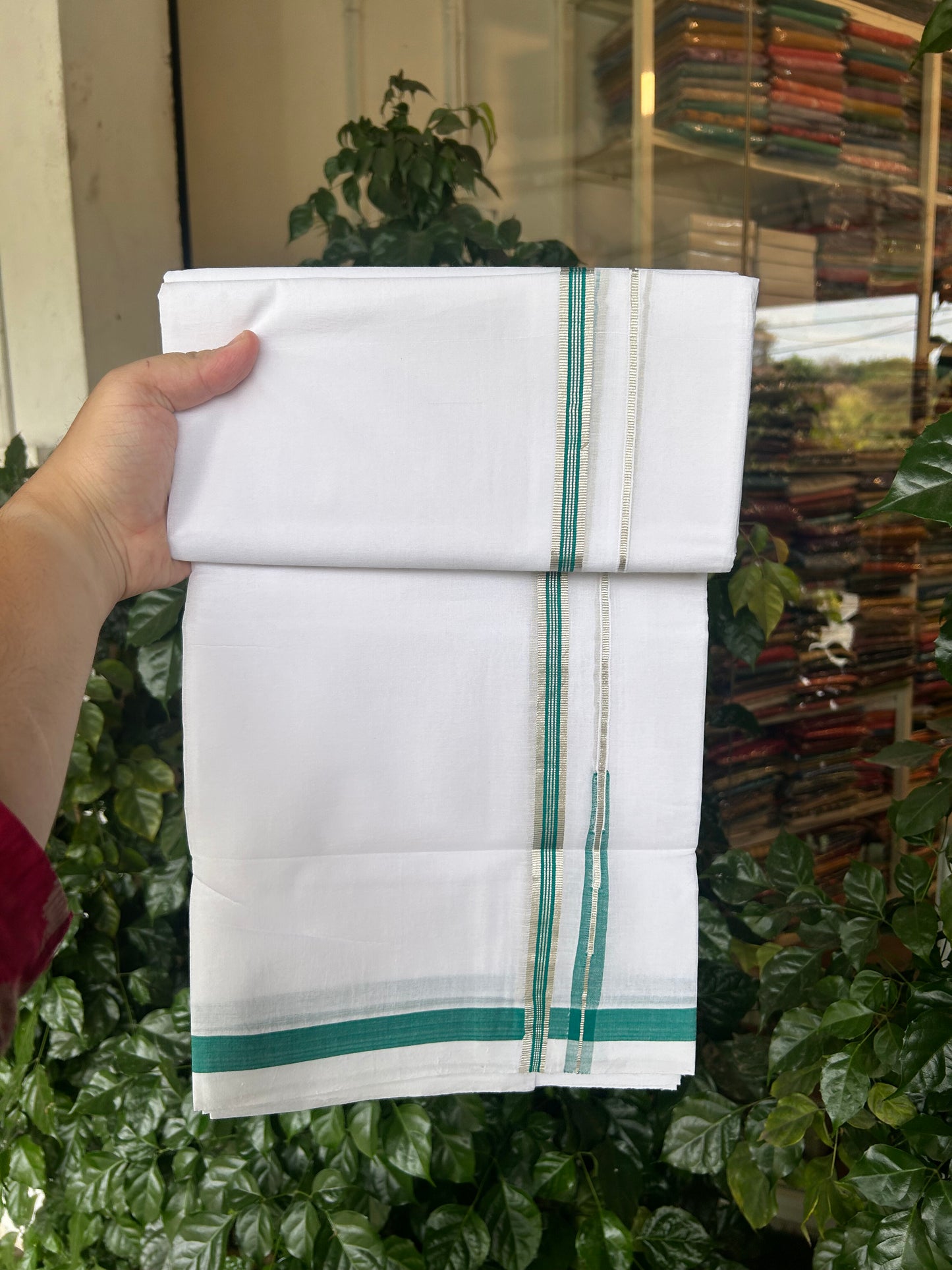 25% Discount ! KaithariKada Handloom Millpaav - Kerala Handloom - 100% Pure Cotton Double Mundu/Dhoti Pure white - 80x90 - 1.5 cm Silver Kasav & Blue Green Stripes Puliyilakkara Chutty 3.80 mtr (8 Muzham) - 27 KK5369 YAR
