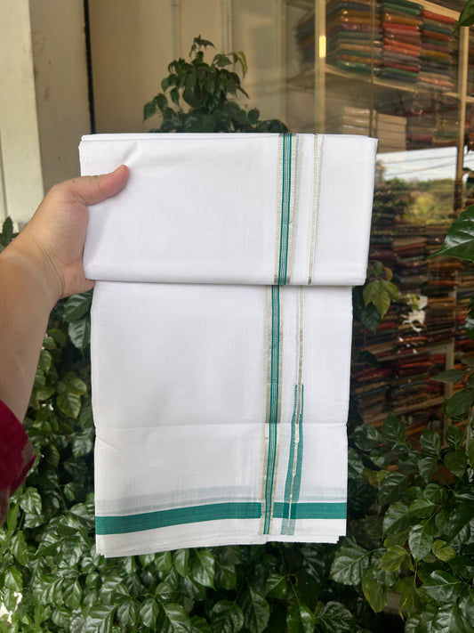 25% Discount ! KaithariKada Handloom Millpaav - Kerala Handloom - 100% Pure Cotton Double Mundu/Dhoti Pure white - 80x90 - 1.5 cm Silver Kasav & Blue Green Stripes Puliyilakkara Chutty 3.80 mtr (8 Muzham) - 27 KK5369 YAR