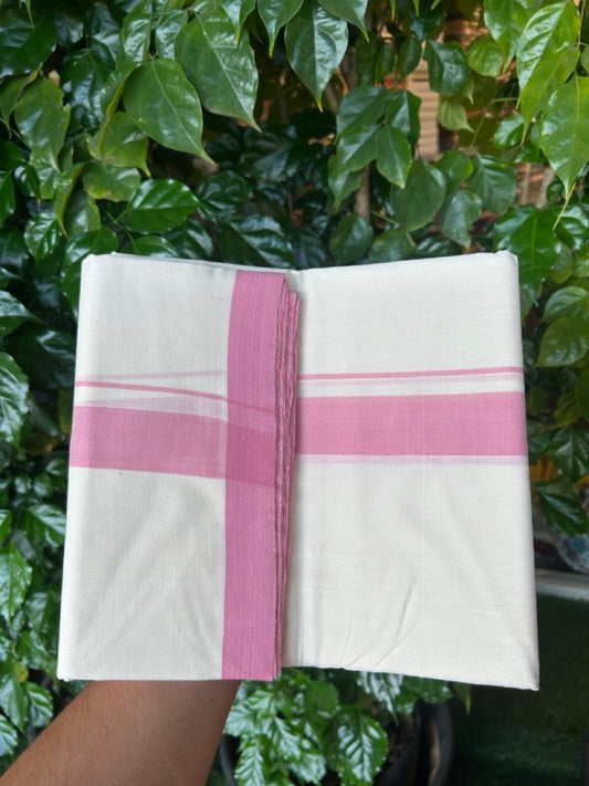25% Discount! KaithariKada Handloom Millpaav Balaramapuram - Cotton Double Mundu/Dhoti Off white (Unbleached) - 80x90 - 1.25 inch Pink Mulloth Kara 3.60 meter (8 Muzham) - 40 KK5256 RAM