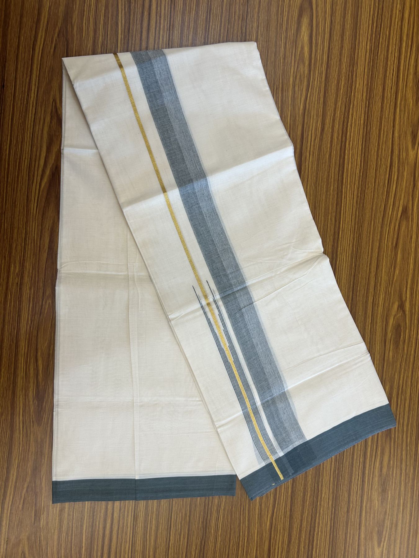 20% Discount ! Kaitharikada Balaramapuram 100% Pure Cotton Double Off white (Unbleached) Mundu/Dhoti - 100x80 - 1.75 inch Gold Kasav & Dark Olive Green Shaded Stripes Chutty Kara 3.90 mtr (8 muzham) - 35 KK5313 PMC