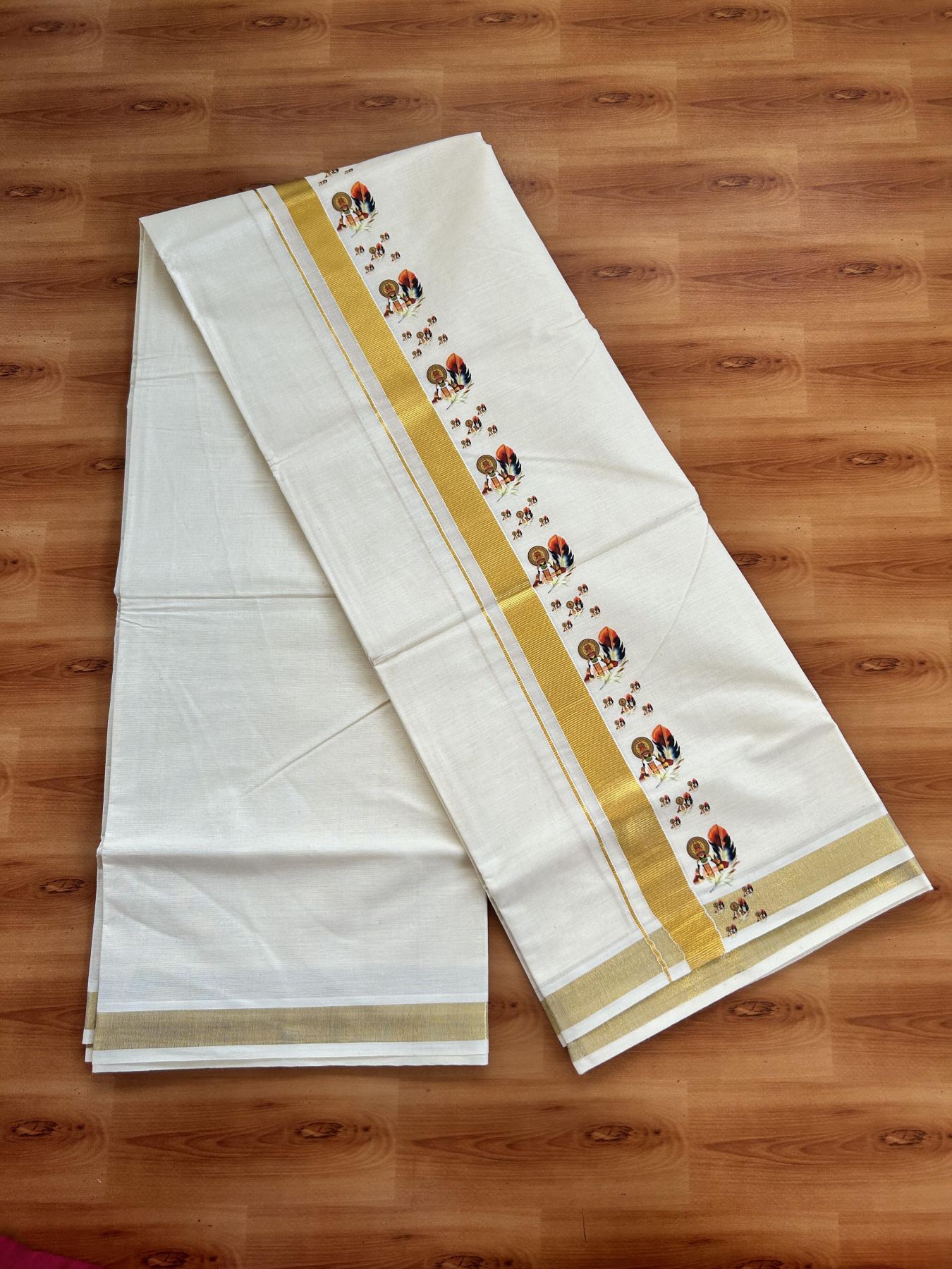 Double Off White - (Unbleached) Mundu/Dhoti- 20% Discount!! KaithariKada Balaramapuram 100% Cotton (60s) - 1 inch Gold Kasav & Kadhakali & Feather Printed Kara - 18 KK5415 GAN