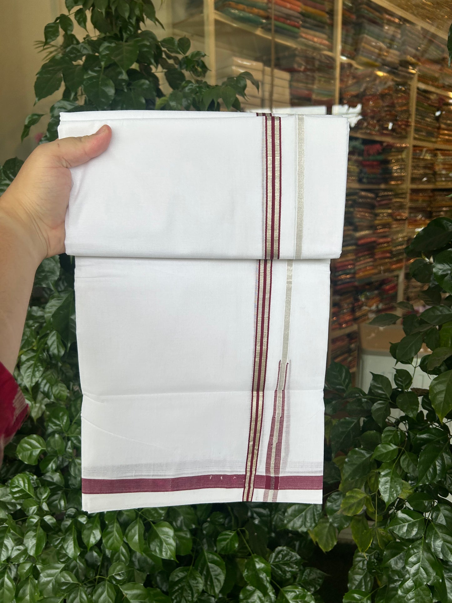 25% Discount ! KaithariKada Handloom Millpaav - Kerala Handloom - 100% Pure Cotton Double Mundu/Dhoti Pure white - 80x90 - 1.5 cm Silver Kasav & Maroon Stripes Puliyilakkara Chutty 3.80 mtr (8 Muzham) - 30 KK5369 YAR