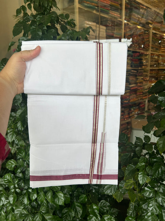 25% Discount ! KaithariKada Handloom Millpaav - Kerala Handloom - 100% Pure Cotton Double Mundu/Dhoti Pure white - 80x90 - 1.5 cm Silver Kasav & Maroon Stripes Puliyilakkara Chutty 3.80 mtr (8 Muzham) - 30 KK5369 YAR