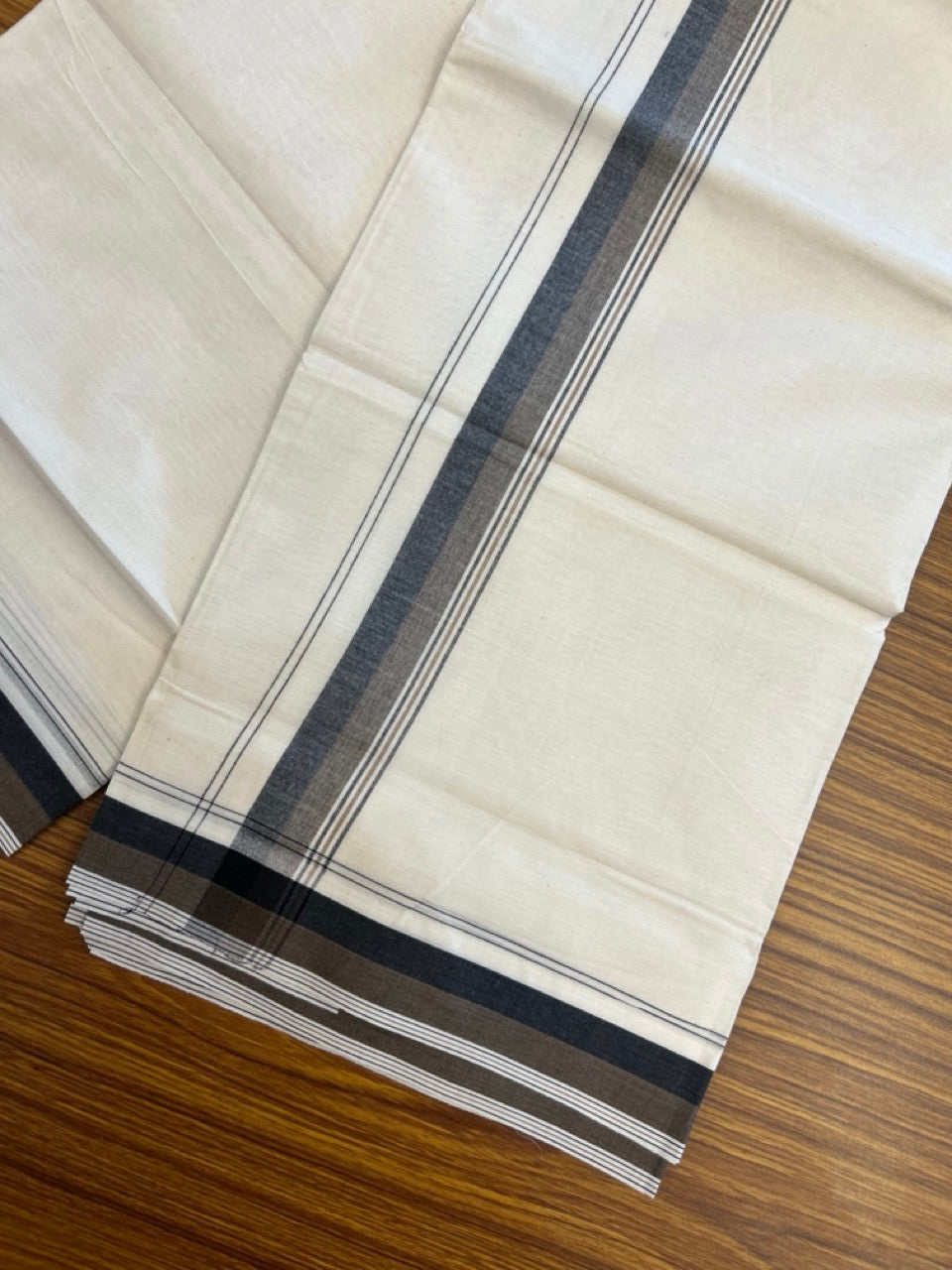 20% Discount ! KaithariKada Balaramapuram 100% Cotton Double OFF WHITE - (Unbleached) - Mundu / Dhoti- 100x80 -  1.5 inch Black & Brown shaded striped kara - 10 KK5280 VIN
