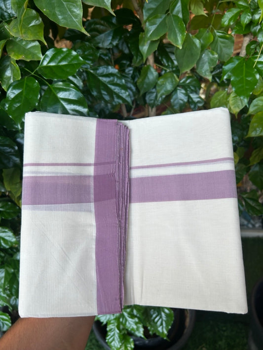 25% Discount! KaithariKada Handloom Millpaav Balaramapuram - Cotton Double Mundu/Dhoti Off white (Unbleached) - 80x90 - 1.25 inch Dusty Lavender Mulloth Kara 3.60 meter (8 Muzham) - 50 KK5256 RAM