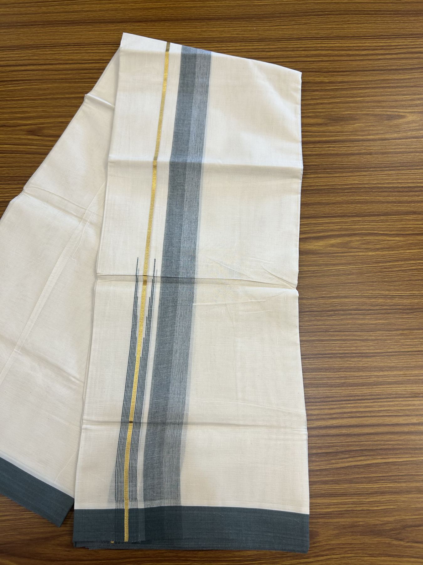 20% Discount ! Kaitharikada Balaramapuram 100% Pure Cotton Double Off white (Unbleached) Mundu/Dhoti - 100x80 - 1.75 inch Gold Kasav & Dark Olive Green Shaded Stripes Chutty Kara 3.90 mtr (8 muzham) - 35 KK5313 PMC