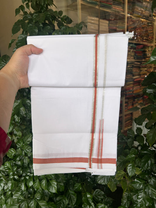 25% Discount ! KaithariKada Handloom Millpaav - Kerala Handloom - 100% Pure Cotton Double Mundu/Dhoti Pure white - 80x90 - 1.5 cm Silver Kasav & Rust Orange Puliyilakkara Chutty 3.80 mtr (8 Muzham) - 22 KK5369 YAR