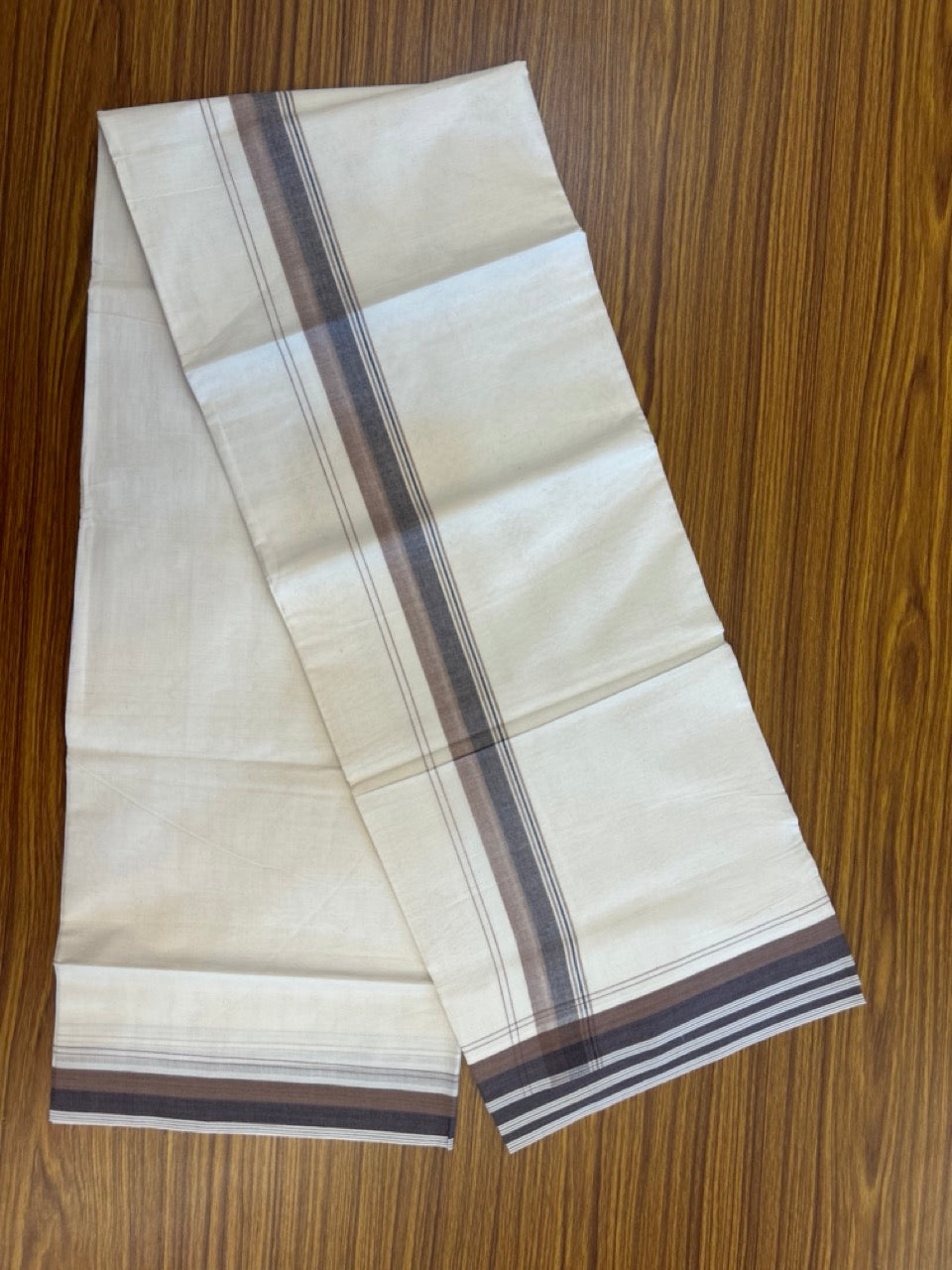 20% Discount ! KaithariKada Balaramapuram 100% Cotton Double OFF WHITE - (Unbleached) - Mundu / Dhoti- 100x80 -  1.5 inch Brown & Dark Brown shaded striped kara - 13 KK5280 VIN