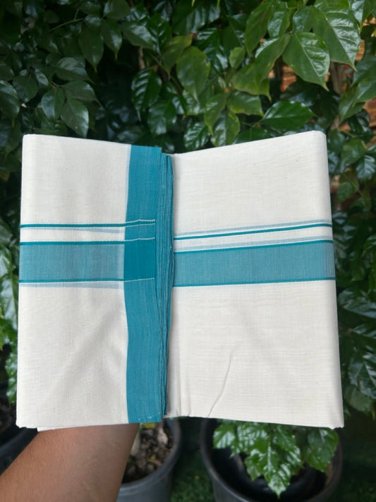 25% Discount! KaithariKada Handloom Millpaav Balaramapuram - Cotton Double Mundu/Dhoti Off white (Unbleached) - 80x90 - 1.25 inch Peacock Green Mulloth Kara 3.60 meter (8 Muzham) - 36 KK5256 RAM