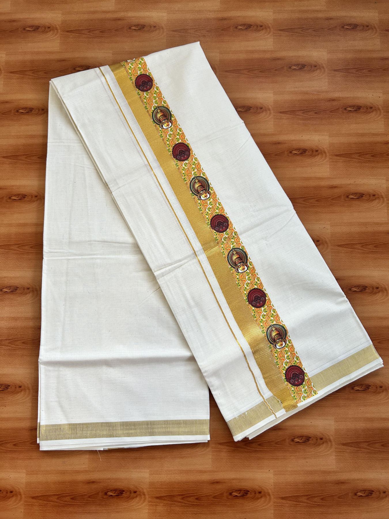 Double Off White - (Unbleached) Mundu/Dhoti- 20% Discount!! KaithariKada Balaramapuram 100% Cotton (60s) - 2 inch Gold Kasav & Kadhakali & Theyyam Printed Kara - 17 KK5415 GAN
