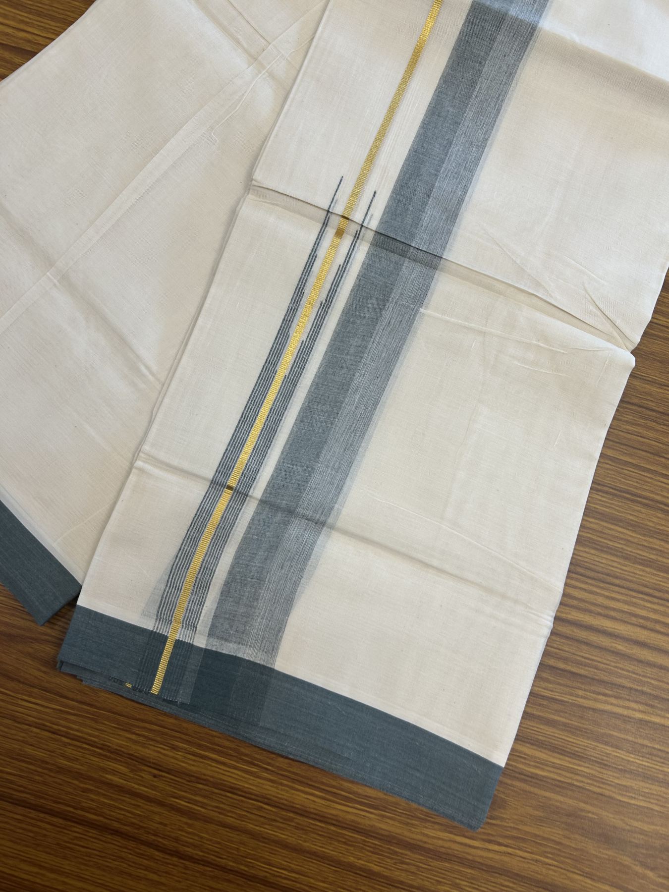 20% Discount ! Kaitharikada Balaramapuram 100% Pure Cotton Double Off white (Unbleached) Mundu/Dhoti - 100x80 - 1.75 inch Gold Kasav & Dark Olive Green Shaded Stripes Chutty Kara 3.90 mtr (8 muzham) - 35 KK5313 PMC