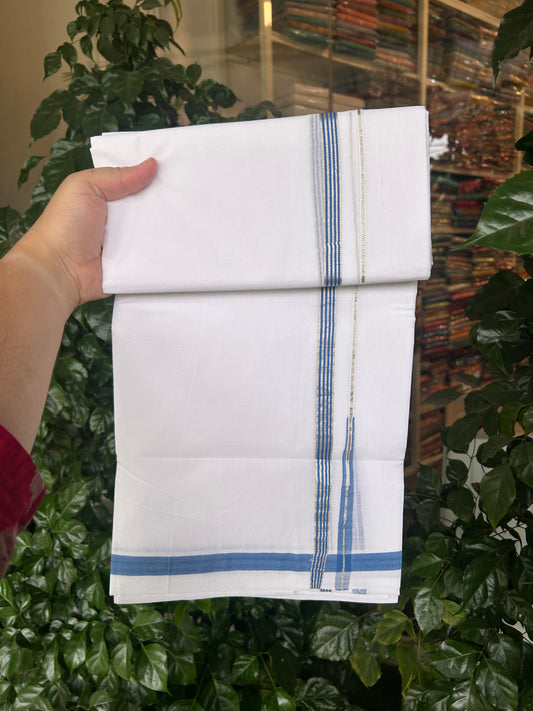 25% Discount ! KaithariKada Handloom Unakkupaav - Kerala Handloom - 100% Pure Cotton Double Mundu/Dhoti Pure white - 80x90 - 1.5 cm Silver Kasav & Blue Stripes Chutty Kara 3.80 mtr (8 Muzham) - 34 KK5369 YAR