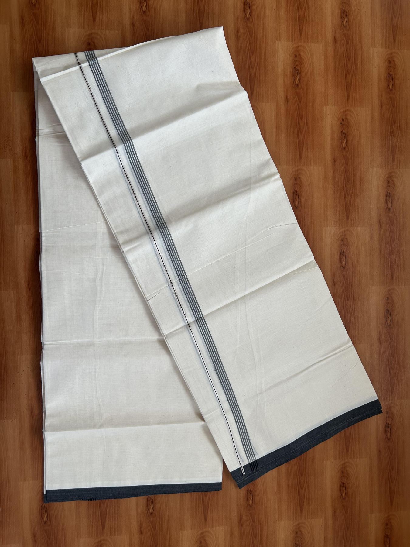 20% Discount ! KaithariKada Balaramapuram 100% Cotton Double Off White - (Unbleached) - Mundu / Dhoti- 100x80 -  0.5 inch Silver Kasav & Black Shaded Stripes Kara 4 mtr (8.5 Muzham) - 63 KK5382 VIN