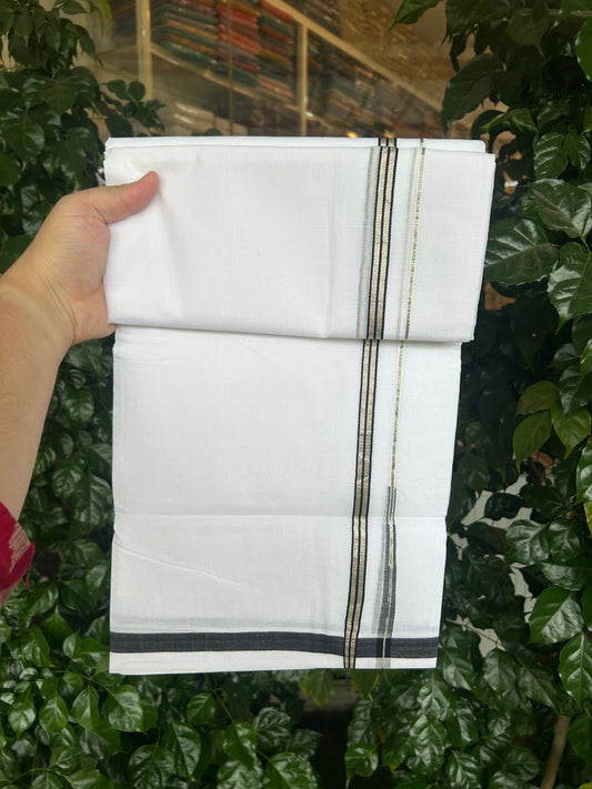 25% Discount ! KaithariKada Handloom Unakkupaav - Kerala Handloom - 100% Pure Cotton Double Mundu/Dhoti Pure white - 80x90 - 1.5 cm Silver Kasav & Black Stripes Chutty Kara 3.80 mtr (8 Muzham) - 33 KK5369 YAR