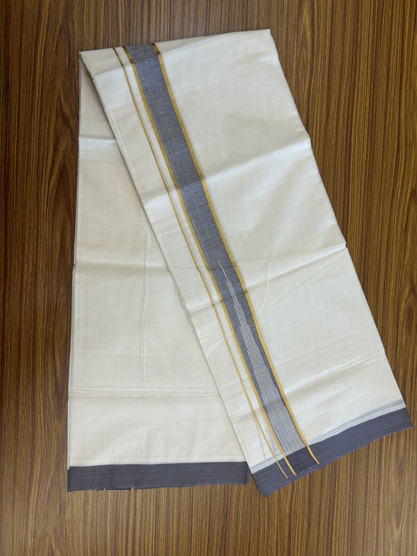 20% Discount ! Kaitharikada Balaramapuram 100% Pure Cotton Double Off white (Unbleached) Mundu/Dhoti - 100x80 - 1.5 inch Gold Kasav & Purple Lavender Shaded Stripes Chutty Kara 3.90 mtr (8 muzham) - 39 KK5313 PMC