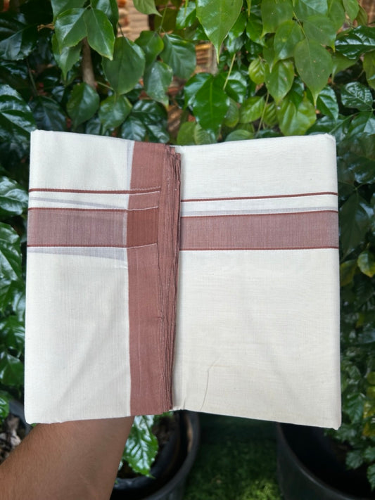 25% Discount! KaithariKada Handloom Millpaav Balaramapuram - Cotton Double Mundu/Dhoti Off white (Unbleached) - 80x90 - 1.25 inch Brown Mulloth Kara 3.60 meter (8 Muzham) - 38 KK5256 RAM
