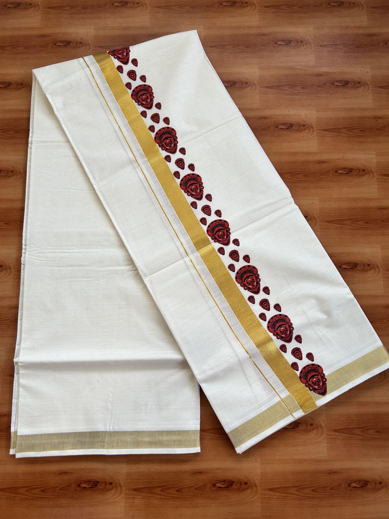 Double Off White - (Unbleached) Mundu/Dhoti- 20% Discount!! KaithariKada Balaramapuram 100% Cotton (60s) - 2 inch Gold Kasav & Theyyam Printed Kara - 14 KK5415 GAN