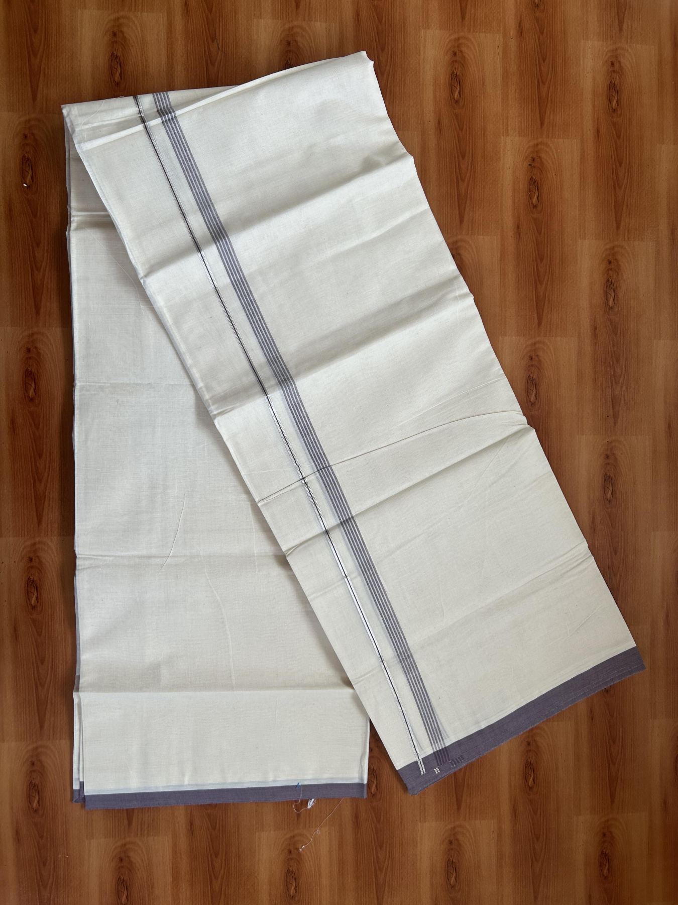 20% Discount ! KaithariKada Balaramapuram 100% Cotton Double Off White - (Unbleached) - Mundu / Dhoti- 100x80 -  0.5 inch Silver Kasav & Light Purple Shaded Stripes Kara 4 mtr (8.5 Muzham) - 62 KK5382 VIN