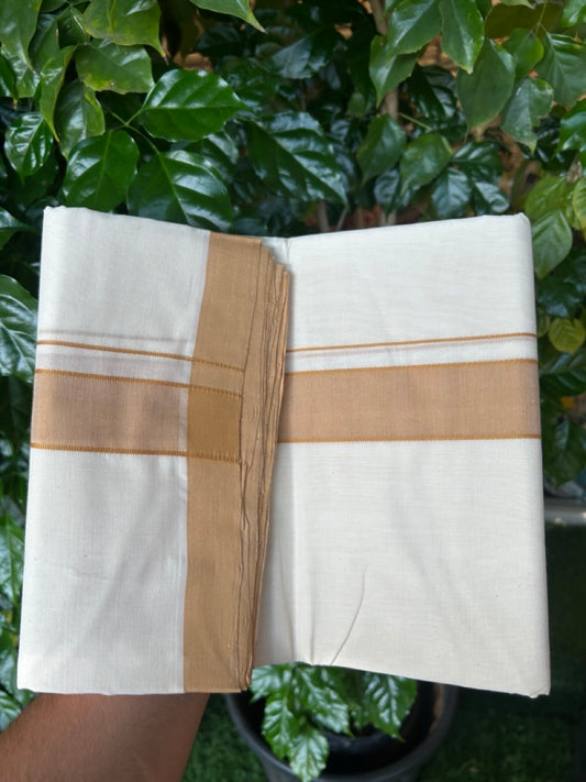 25% Discount! KaithariKada Handloom Millpaav Balaramapuram - Cotton Double Mundu/Dhoti Off white (Unbleached) - 80x90 - 1.25 inch Light Brown Mulloth Kara 3.60 meter (8 Muzham) - 39 KK5256 RAM