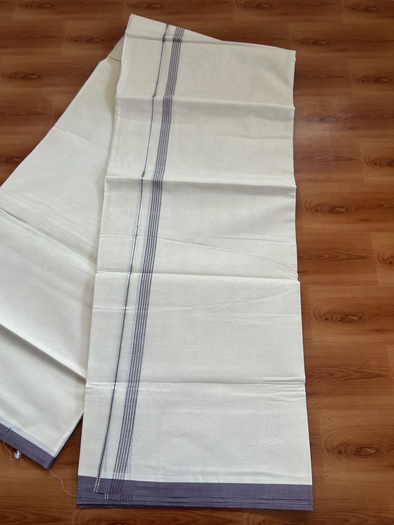 20% Discount ! KaithariKada Balaramapuram 100% Cotton Double Off White - (Unbleached) - Mundu / Dhoti- 100x80 -  0.5 inch Silver Kasav & Light Purple Shaded Stripes Kara 4 mtr (8.5 Muzham) - 62 KK5382 VIN