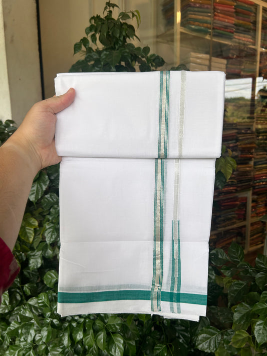 25% Discount ! KaithariKada Handloom Millpaav - Kerala Handloom - 100% Pure Cotton Double Mundu/Dhoti Pure white - 80x90 - 1.5 cm Silver Kasav & Blue Green Stripes Puliyilakkara Chutty 3.80 mtr (8 Muzham) - 28 KK5369 YAR
