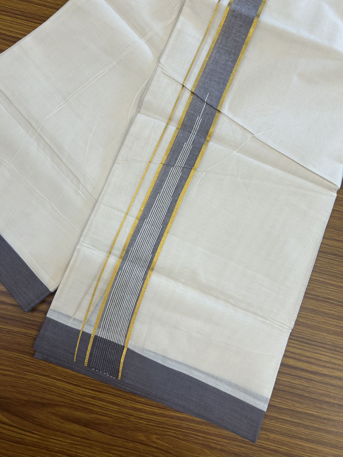 20% Discount ! Kaitharikada Balaramapuram 100% Pure Cotton Double Off white (Unbleached) Mundu/Dhoti - 100x80 - 1.5 inch Gold Kasav & Purple Lavender Shaded Stripes Chutty Kara 3.90 mtr (8 muzham) - 39 KK5313 PMC