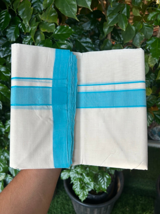 25% Discount! KaithariKada Handloom Millpaav Balaramapuram - Cotton Double Mundu/Dhoti Off white (Unbleached) - 80x90 - 1.25 inch Sky Blue Mulloth Kara 3.60 meter (8 Muzham) - 35 KK5256 RAM
