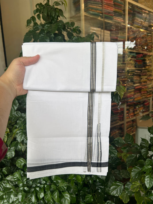 25% Discount ! KaithariKada Handloom Unakkupaav - Kerala Handloom - 100% Pure Cotton Double Mundu/Dhoti Pure white - 80x90 - 1.5 cm Silver Kasav & Black Stripes Chutty Kara 3.80 mtr (8 Muzham) - 35 KK5369 YAR