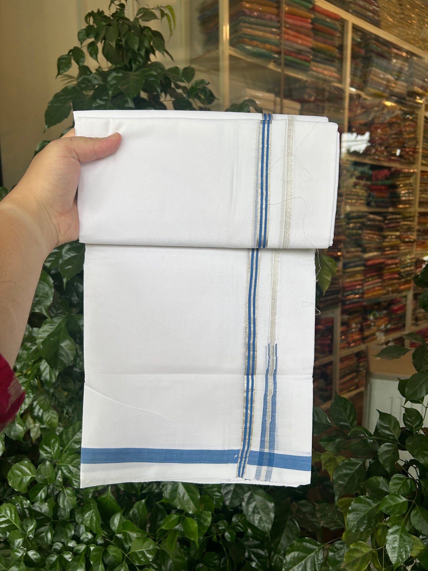 25% Discount ! KaithariKada Handloom Millpaav  - Kerala Handloom - 100% Pure Cotton Double Mundu/Dhoti Pure white - 80x90 - 1.5 cm Silver Kasav & Blue Stripes Puliyilakkara Chutty 3.80 mtr (8 Muzham) - 32 KK5369 YAR