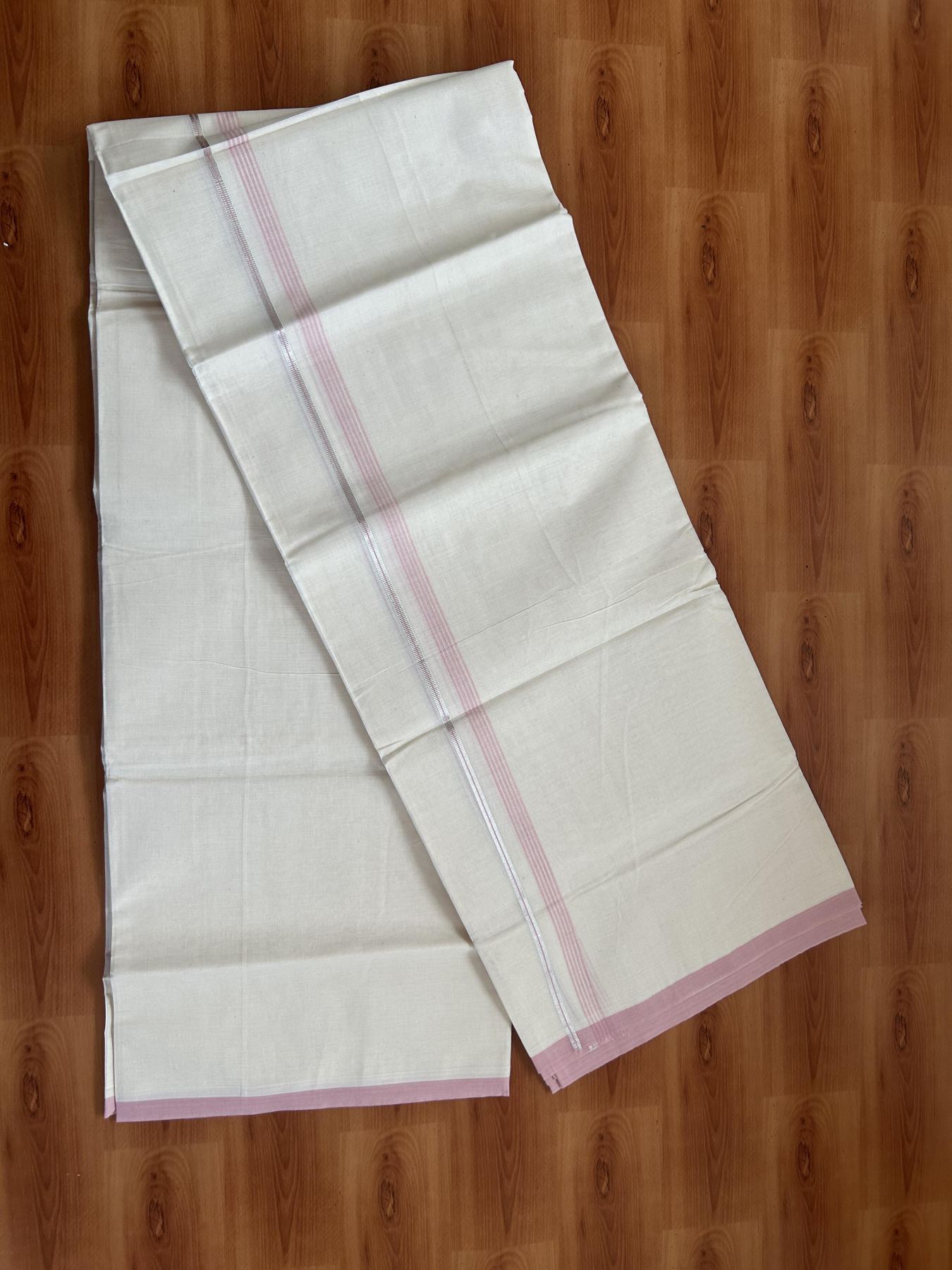 20% Discount ! KaithariKada Balaramapuram 100% Cotton Double Off White - (Unbleached) - Mundu / Dhoti- 100x80 -  0.5 inch Silver Kasav & Pink Shaded Stripes Kara 4 mtr (8.5 Muzham) - 61 KK5382 VIN
