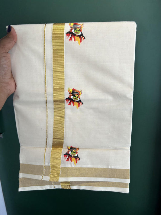 Double Off White - (Unbleached) Mundu/Dhoti- 20% Discount!! KaithariKada Balaramapuram 100% Cotton (60s) - 1 inch Gold Kasav & Kadhakali Printed Kara - 16 KK5415 GAN