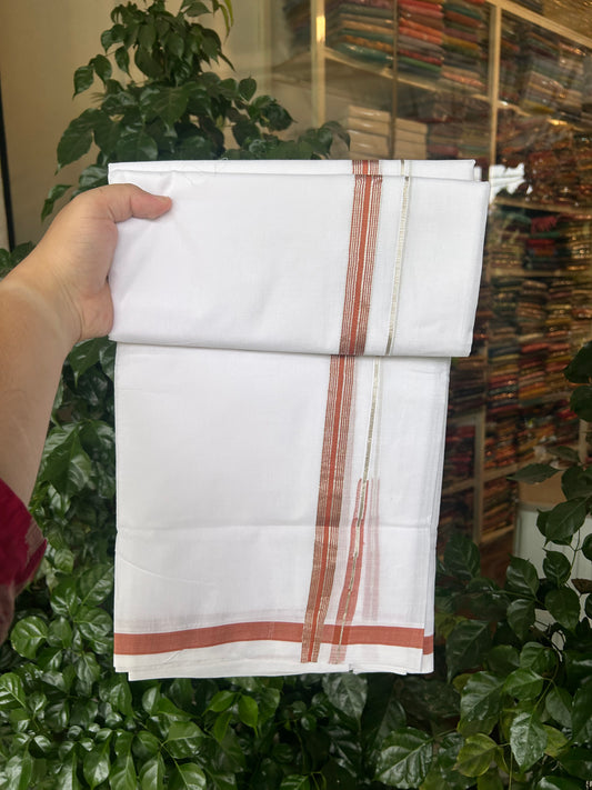 25% Discount ! KaithariKada Handloom Millpaav - Kerala Handloom - 100% Pure Cotton Double Mundu/Dhoti Pure white - 80x90 - 0.75 inch Silver Kasav & Rust Orange Stripes Puliyilakkara Chutty 3.80 mtr (8 Muzham) - 26 KK5369 YAR