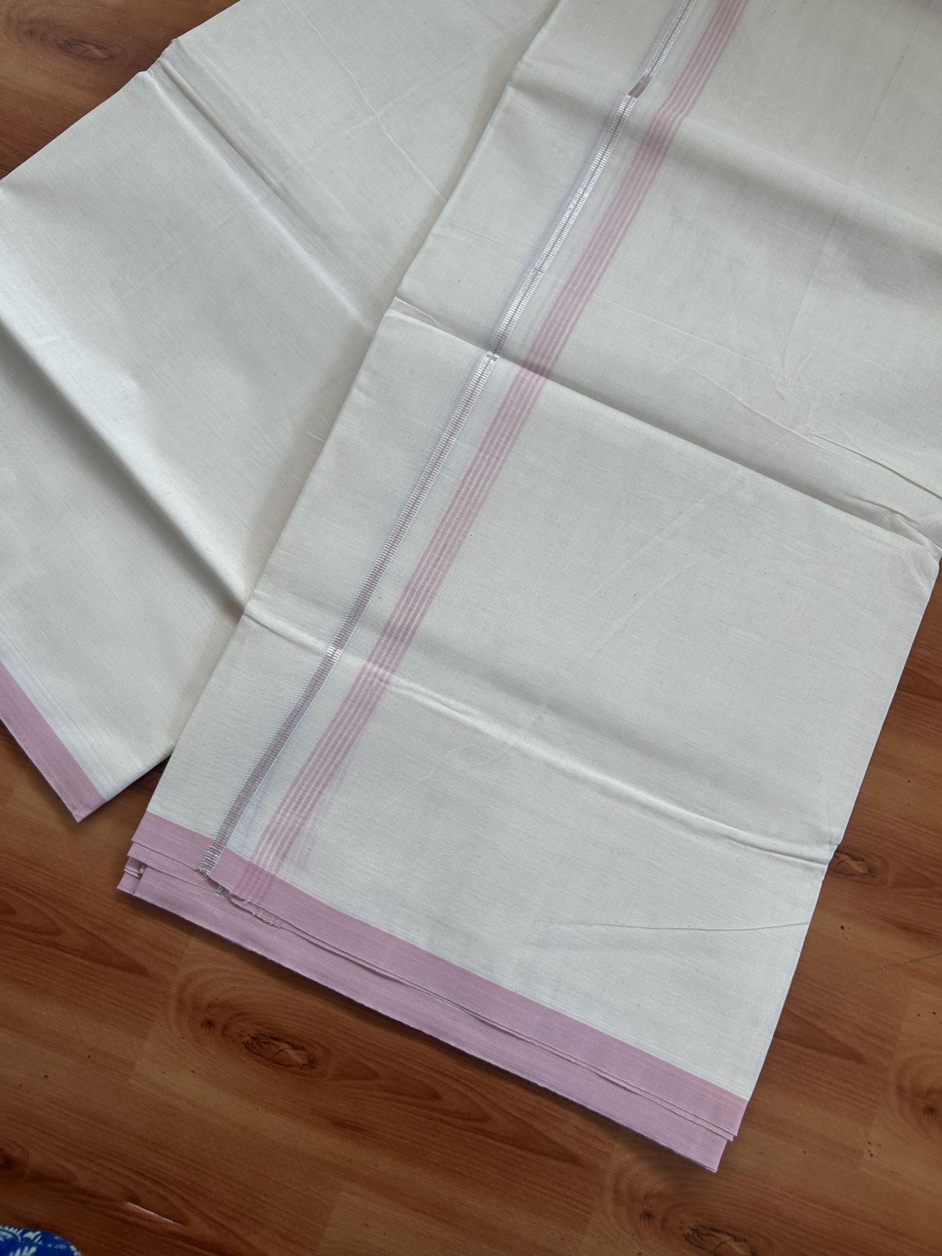 20% Discount ! KaithariKada Balaramapuram 100% Cotton Double Off White - (Unbleached) - Mundu / Dhoti- 100x80 -  0.5 inch Silver Kasav & Pink Shaded Stripes Kara 4 mtr (8.5 Muzham) - 61 KK5382 VIN