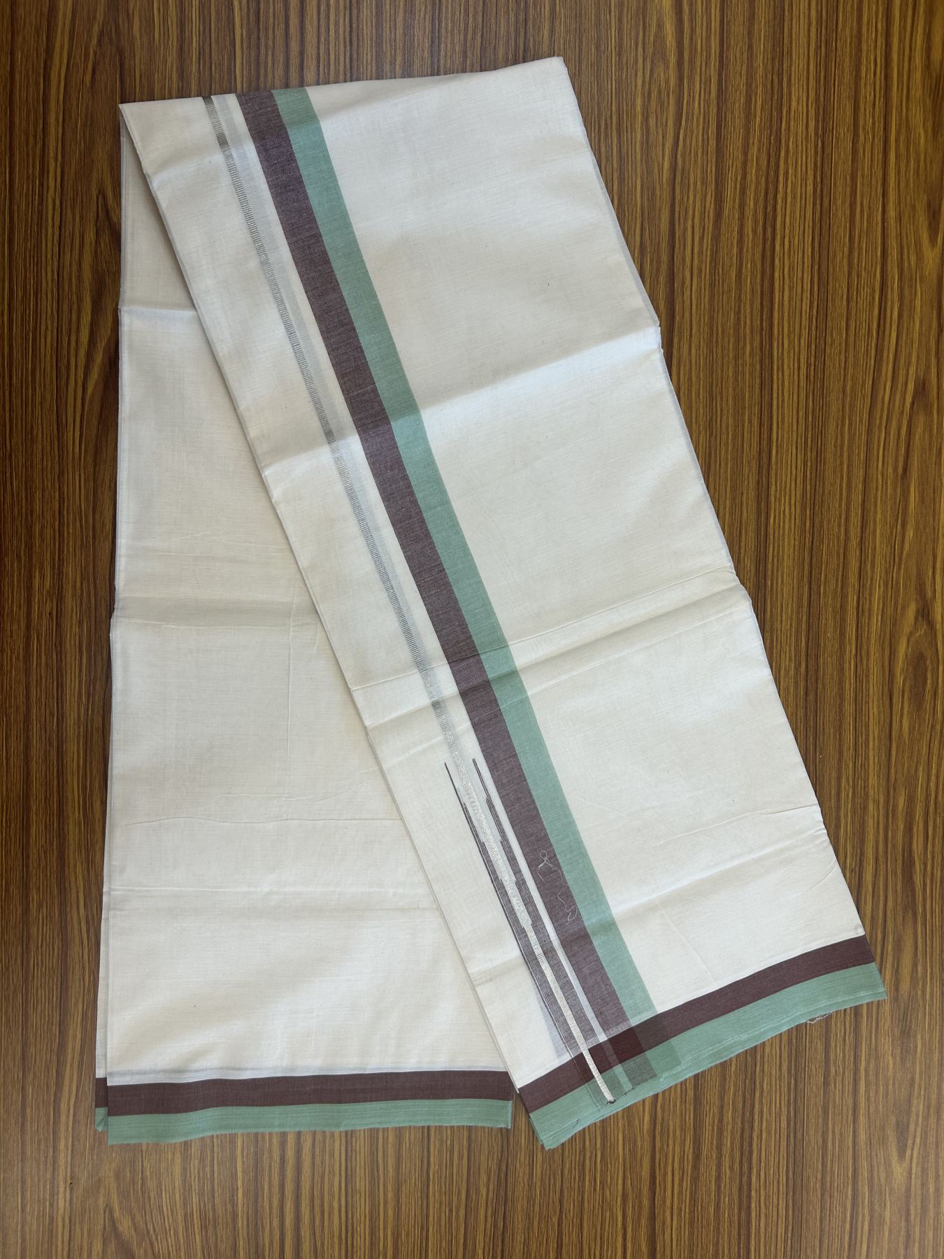 20% Discount ! Kaitharikada Balaramapuram 100% Pure Cotton Double Off white (Unbleached) Mundu/Dhoti - 100x80 - 1.5 inch Silver Kasav Brown & Light Green Shaded Stripes Chutty Kara 3.90 mtr (8 muzham) - 41 KK5313 PMC