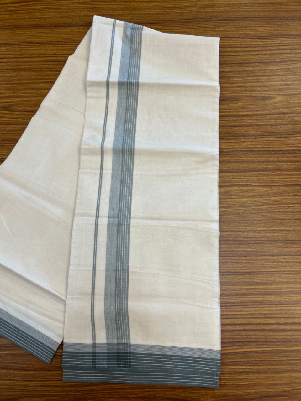 20% Discount ! KaithariKada Balaramapuram 100% Cotton Double OFF WHITE - (Unbleached) - Mundu / Dhoti- 100x80 -  1.5 inch Dark pine Green shaded striped kara - 2 KK5280 VIN