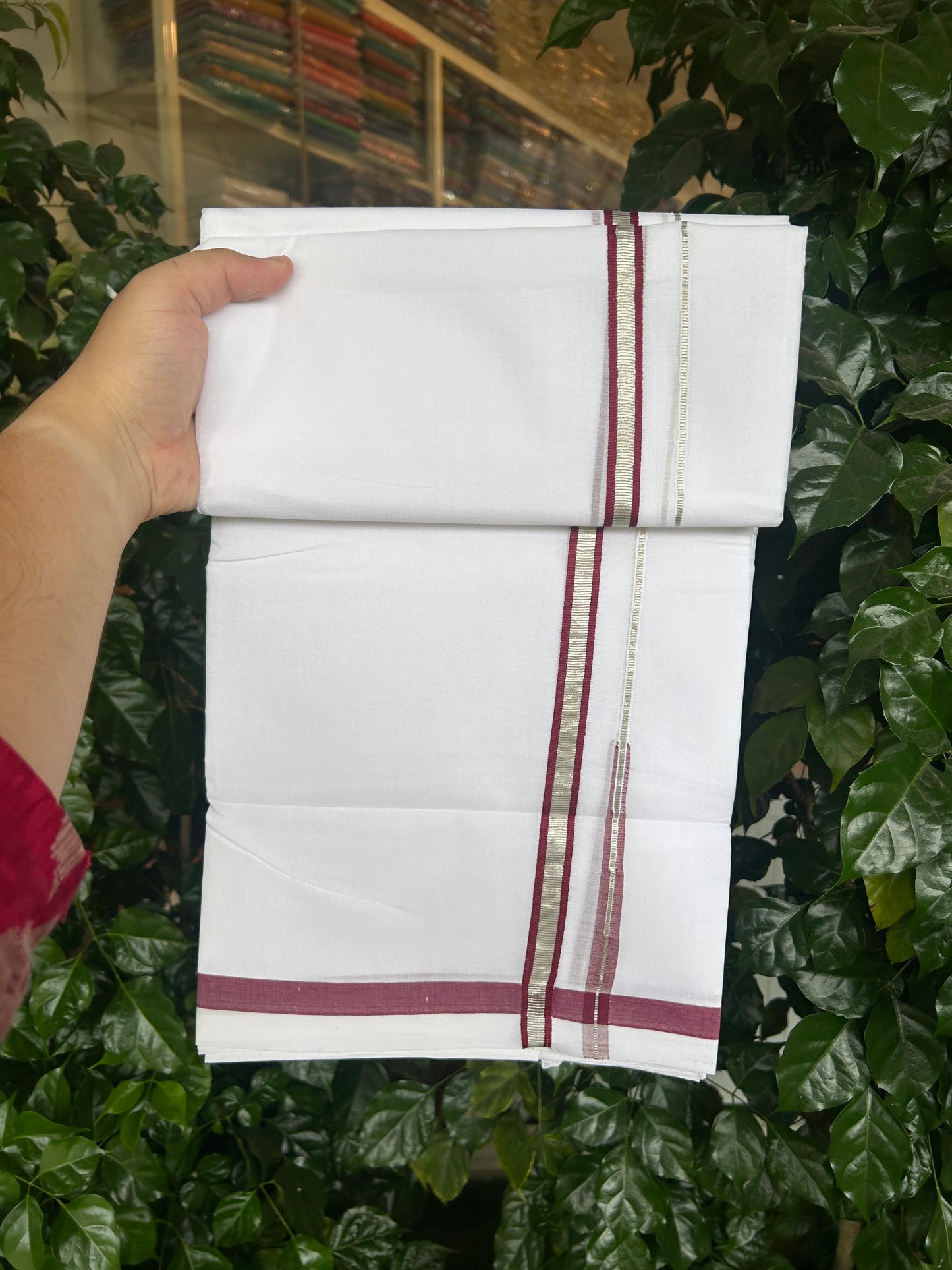 25% Discount ! KaithariKada Handloom Millpaav - Kerala Handloom - 100% Pure Cotton Double Mundu/Dhoti Pure white - 80x90 - 1.5 cm Silver Kasav & Maroon Puliyilakkara Chutty 3.80 mtr (8 Muzham) - 21 KK5369 YAR