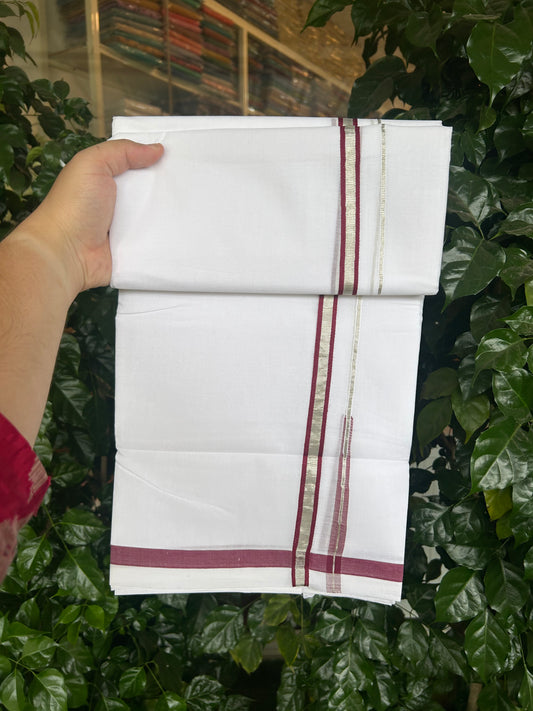25% Discount ! KaithariKada Handloom Millpaav - Kerala Handloom - 100% Pure Cotton Double Mundu/Dhoti Pure white - 80x90 - 1.5 cm Silver Kasav & Maroon Puliyilakkara Chutty 3.80 mtr (8 Muzham) - 21 KK5369 YAR