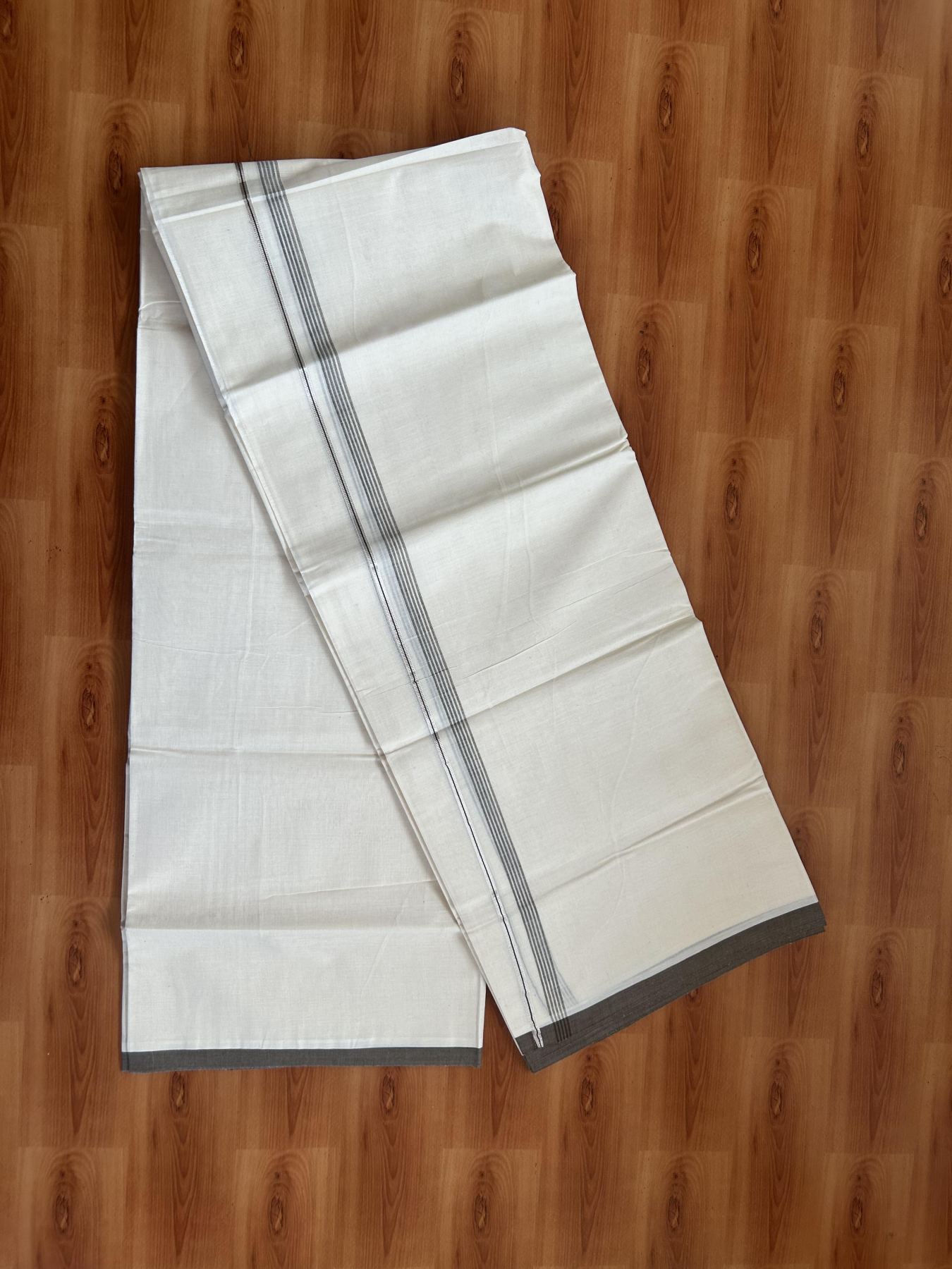 20% Discount ! KaithariKada Balaramapuram 100% Cotton Double Off White - (Unbleached) - Mundu / Dhoti- 100x80 -  0.5 inch Silver Kasav & Walnut Brown Shaded Striped Kara 4 mtr (8.5 Muzham) - 65 KK5382 VIN