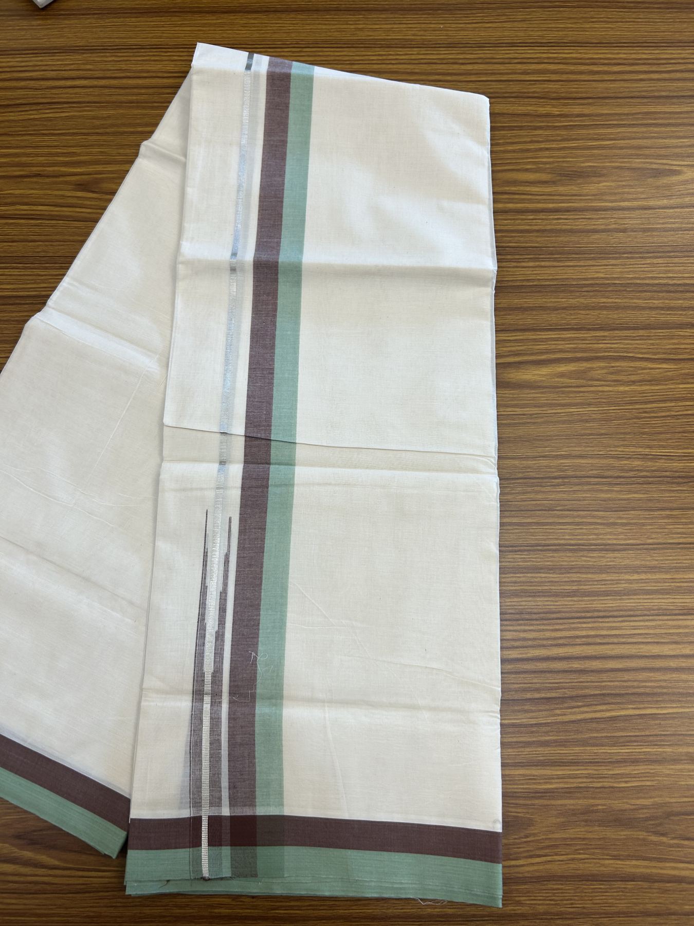 20% Discount ! Kaitharikada Balaramapuram 100% Pure Cotton Double Off white (Unbleached) Mundu/Dhoti - 100x80 - 1.5 inch Silver Kasav Brown & Light Green Shaded Stripes Chutty Kara 3.90 mtr (8 muzham) - 41 KK5313 PMC