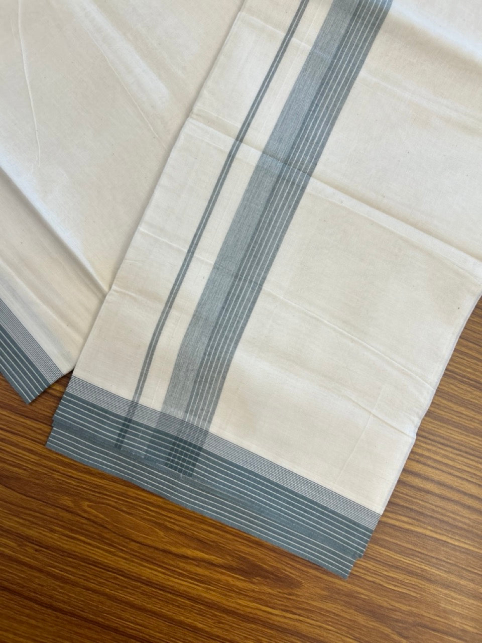 20% Discount ! KaithariKada Balaramapuram 100% Cotton Double OFF WHITE - (Unbleached) - Mundu / Dhoti- 100x80 -  1.5 inch Dark pine Green shaded striped kara - 2 KK5280 VIN